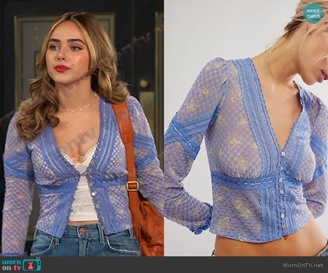 Free People Kika Printed Top in Blue Bell Combo worn by Holly Jonas (Ashley Puzemis) on Days of our Lives