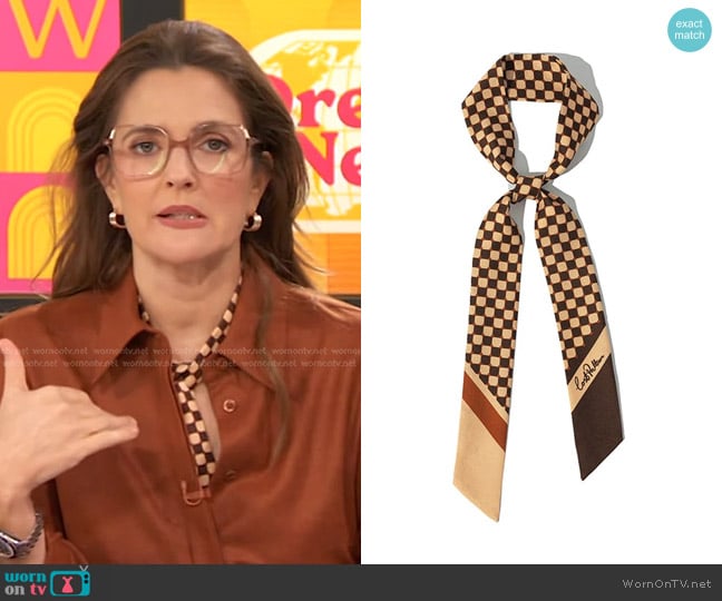 Lost Pattern NYC Checkerboard Twilly Scarf in Coffee worn by Drew Barrymore on The Drew Barrymore Show