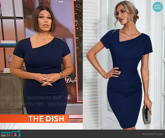 Miusol Asymmetrical Neck Ruched Split Back Bodycon Dress worn by Dana Jacobson on CBS Mornings