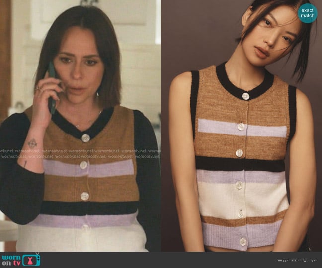 Maeve Crew-Neck Cardigan Sweater Vest in Lilac worn by Maddie Kendall (Jennifer Love Hewitt) on 9-1-1