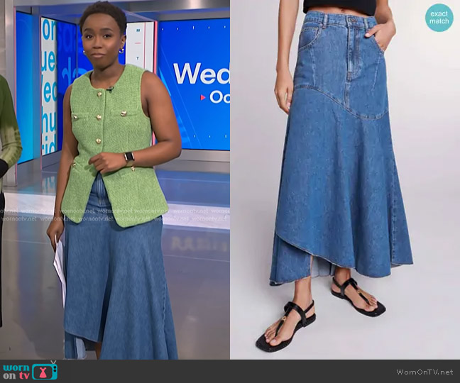 Maje Jondulys Asymmetrical Denim Skirt worn by Zinhle Essamuah on NBC News Daily