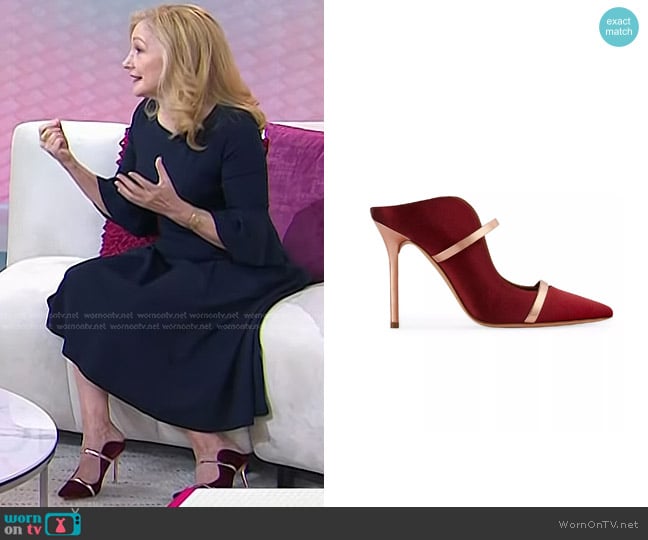 Malone Souliers Maureen 100MM Satin Mules with Mirror Leather Straps worn by Patricia Clarkson on Today