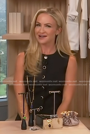 Maria Provenzano's black button down sleeveless top on Access Hollywood