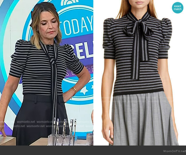 Michael Kors Tie Neck Stripe Cashmere Sweater worn by Savannah Guthrie on Today