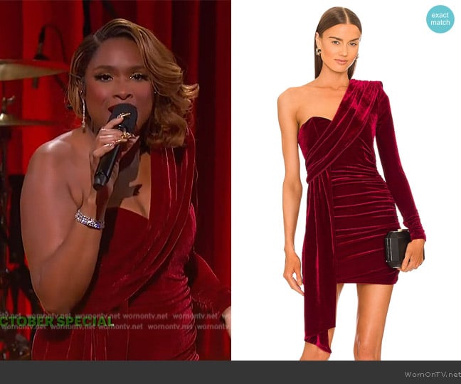 Jennifer’s red velvet one sleeve mini dress on The Jennifer Hudson Show