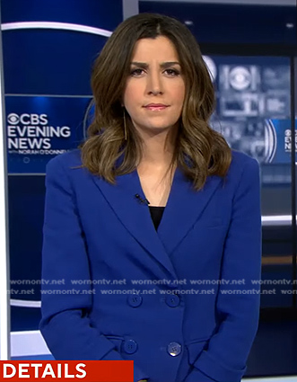 Nicole Sganga's blue double breasted blazer on CBS Evening News