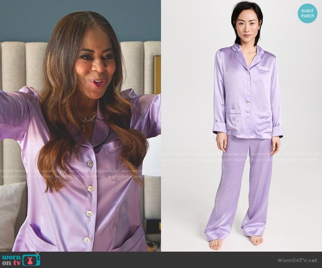 Olivia von Halle Coco Pajama Set in Lilac worn by Mary Cosby on The Real Housewives of Salt Lake City