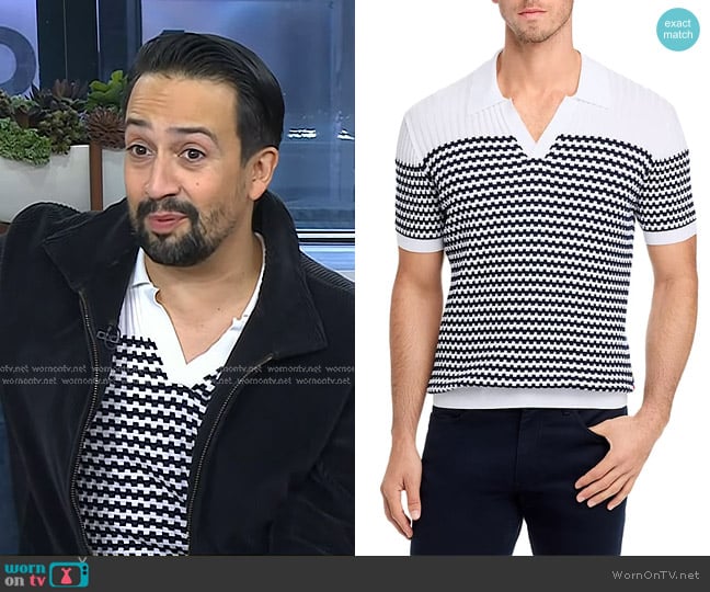 Orlebar Brown Canet Cotton Geo Stripe Jacquard Polo Shirt in Cloud/Ink worn by Lin-Manuel Miranda on Today