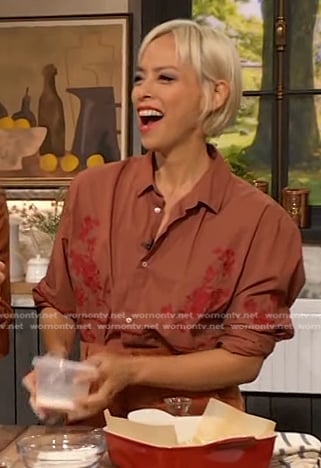 Pilar Valdes's brown embroidered shirt on The Drew Barrymore Show