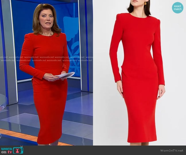 Norah’s red long sleeve dress on CBS Evening News