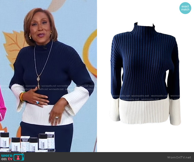 Polo Ralph Lauren Colorblock Chunky Knit Mockneck Sweater in Blue/white worn by Robin Roberts on Good Morning America