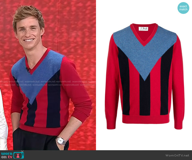 Pringle of Scotland Unisex V Neck Stripe Jumper in Red worn by Eddie Redmayne on Today