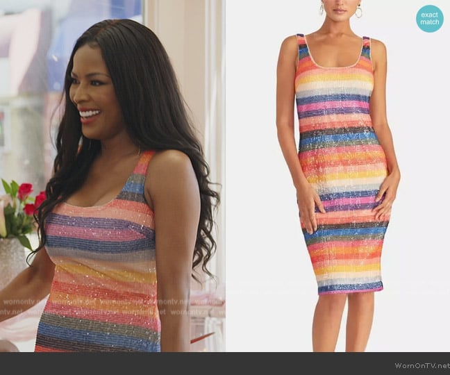 Rachel Roy Multicolor Striped Sequined Sheath Dress worn by Stacey Rusch on The Real Housewives of Potomac