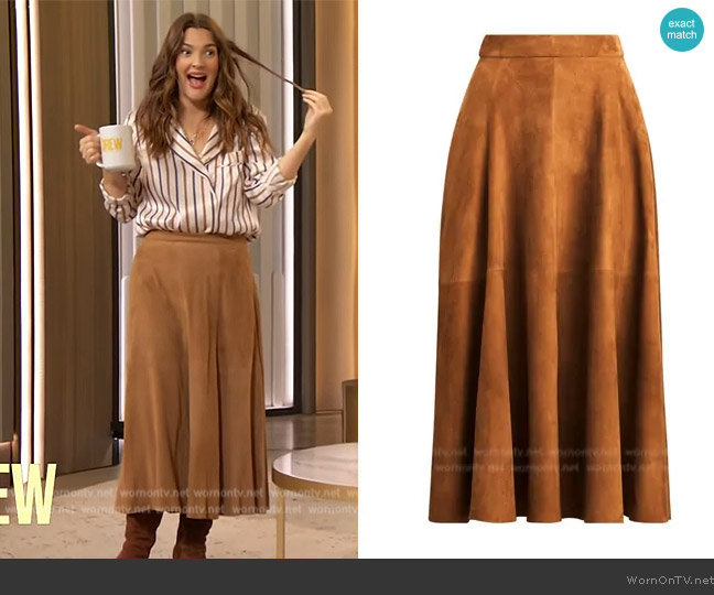 Ralph Lauren Christiane Lamb-Suede Skirt worn by Drew Barrymore on The Drew Barrymore Show