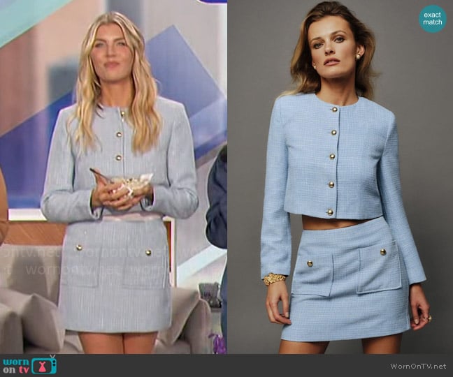 Reformation Trista Jacket and Aurelia Skirt in Blue worn by Amanda Kloots on The Talk