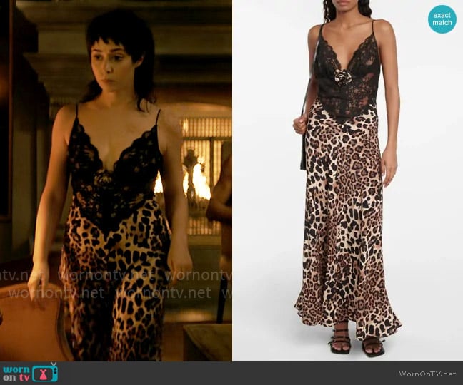 Rodarte Leopard-print silk and lace slip dress worn by Sofia Falcone (Cristin Milioti) on The Penguin