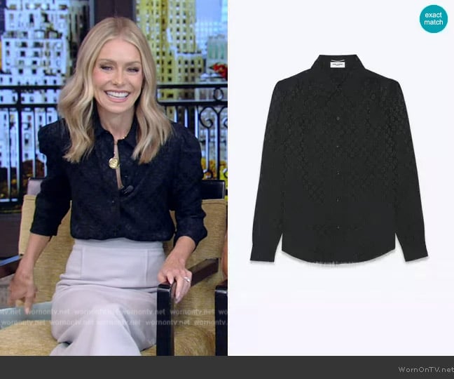 Saint Laurent Shirt in Matte and Shiny Silk worn by Kelly Ripa on Live with Kelly and Mark