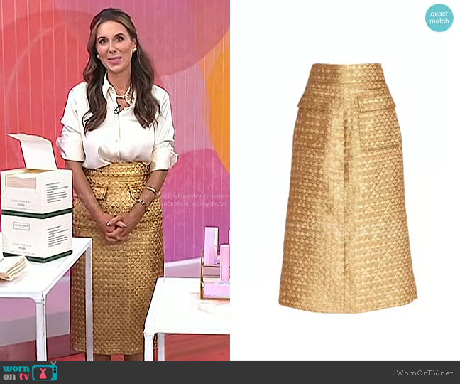 Johanna Ortiz Salida Del Sol Lurex Jacquard Midi Skirt in Gold worn by Sarah Eggenberger on Today