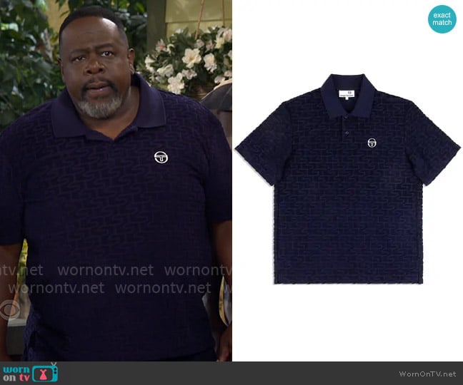 Sergio Tacchini Livata Monogram Polo in Maritime Blue worn by Calvin (Cedric The Entertainer) on The Neighborhood