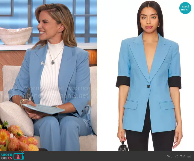 Smythe Three-Quarter Sleeve Longline Blazer in Cornflower Blue worn by Natalie Morales on The Talk