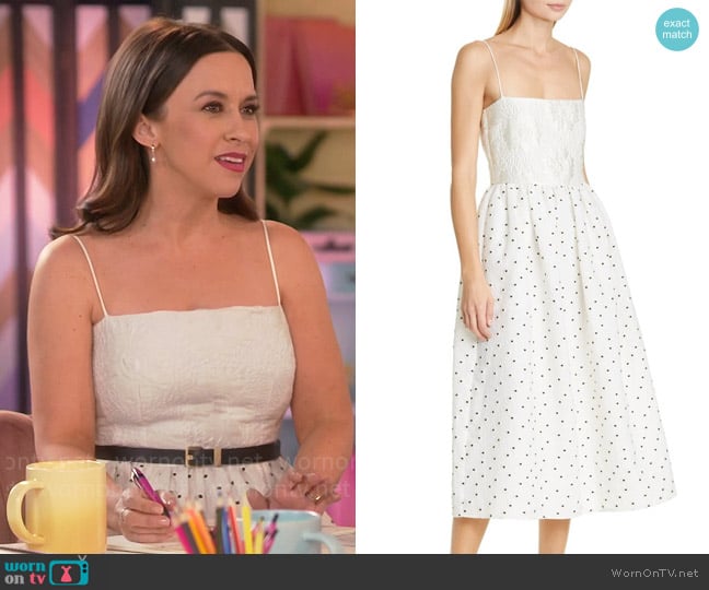 Stine Goya Anny Dress in Daisy Cream worn by Lacey Chabert on Celebrations with Lacey Chabert