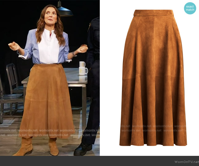 Ralph Lauren Christiane Lamb-Suede Skirt worn by Drew Barrymore on The Drew Barrymore Show