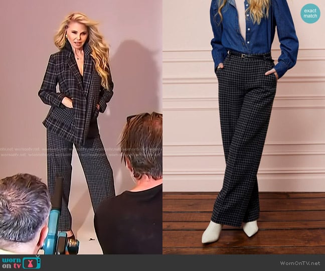 TWRHLL by Christie Brinkley Comfort Wool-Blend Wide Leg Trouser in Charcoal Plaid worn by Christie Brinkley on Access Hollywood