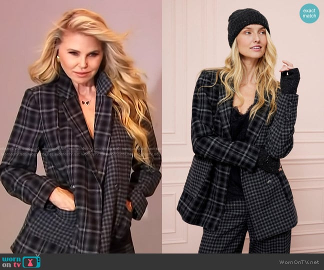 TWRHLL by Christie Brinkley Double-Breasted Blazer with Patch Pockets in Charcoal Plaid worn by Christie Brinkley on Access Hollywood