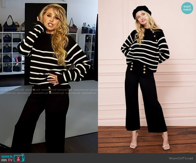 TWRHLL by Christie Brinkley Striped Mock-Neck Sweater and Front Button-Detail Pant worn by Christie Brinkley on Access Hollywood