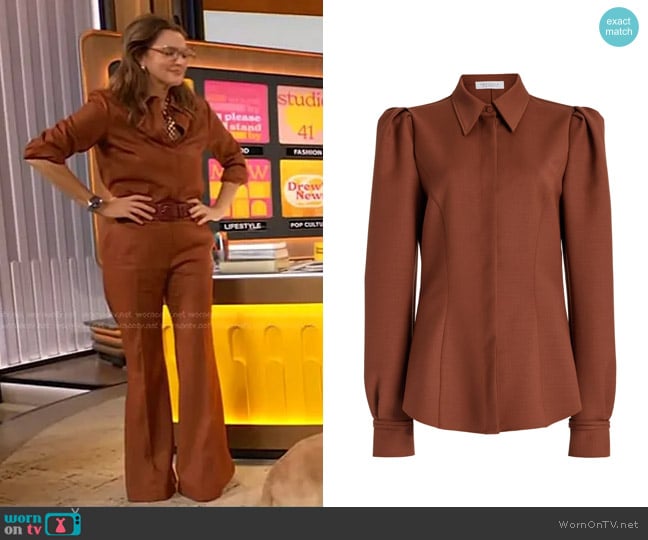 Gabriela Hearst Talbot Shirt in Cognac Sportswear Wool worn by Drew Barrymore on The Drew Barrymore Show