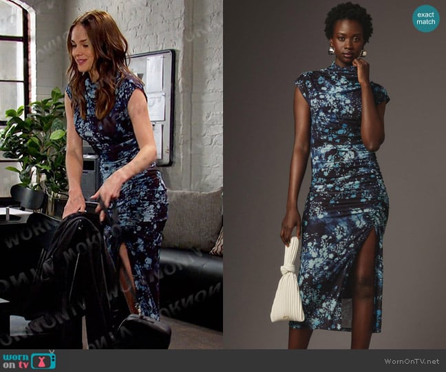 Anthropologie The Maya Ruched Cowl-Neck Dress - Mesh Edition in Blue worn by Stephanie Johnson (Abigail Klein) on Days of our Lives