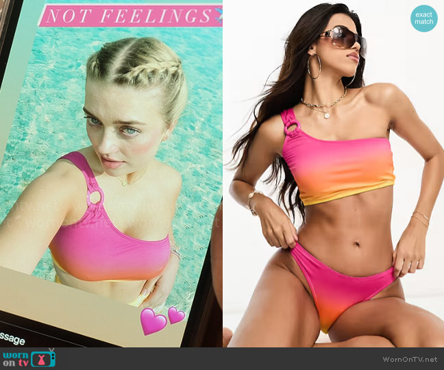 Threadbare One shoulder bikini set with ring detail in sunset pink ombre worn by Imogen Heaney (Rhea Norwood) on Heartstopper