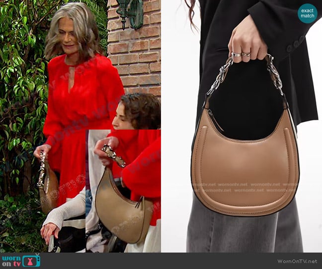 Topshop Selena Curved Shoulder Bag with Chain Strap in camel worn by Fiona Cook (Serena Scott Thomas) on Days of our Lives