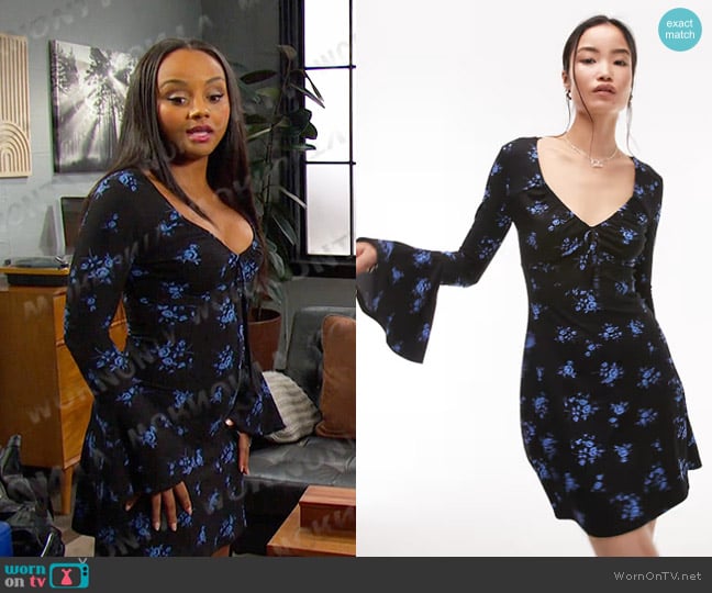 Topshop Mini Jersey Tea Dress in blue floral worn by Chanel Dupree (Raven Bowens) on Days of our Lives