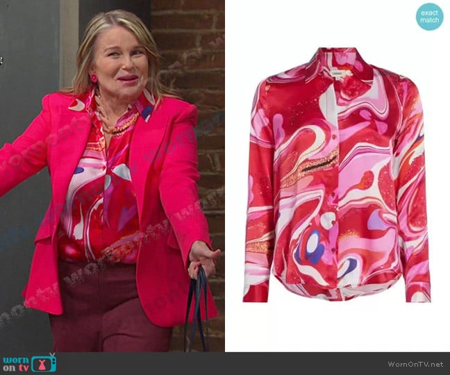 L'Agence Tyler Swirl Silk Blouse in Pink Multi Tie Dye Swirl worn by Bonnie Lockhart (Judi Evans) on Days of our Lives