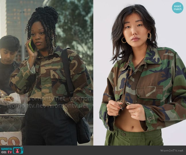 Urban Renewal at Urban Outfitters Remade Cropped Camo Jacket worn by Izzy Letts (Jazz Raycole) on The Lincoln Lawyer