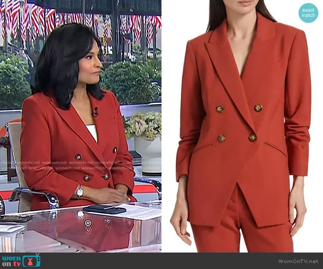 Veronica Beard Hirsh Double-Breasted Jacket in Brick Red worn by Kristen Welker on Today