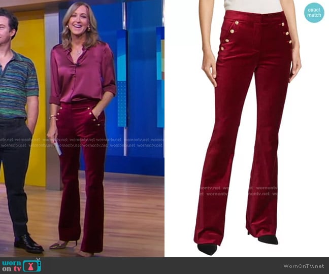 Veronica Beard Verity Velvet High-Rise Button Pants worn by Lara Spencer on Good Morning America