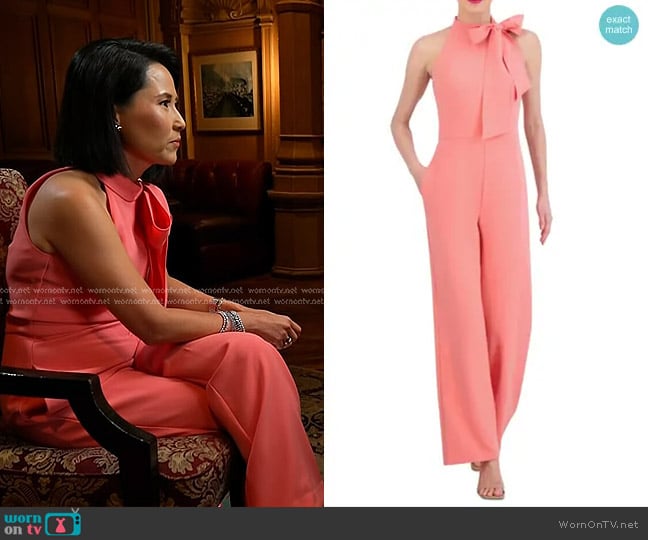 Vince Camuto Bow-Neck Halter Jumpsuit in Papaya worn by Vicky Nguyen on NBC News Daily