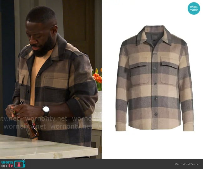 Vince Splittable Plaid Wool-Blend Long-Sleeve Shirt worn by Malcom (Sheaun McKinney) on The Neighborhood