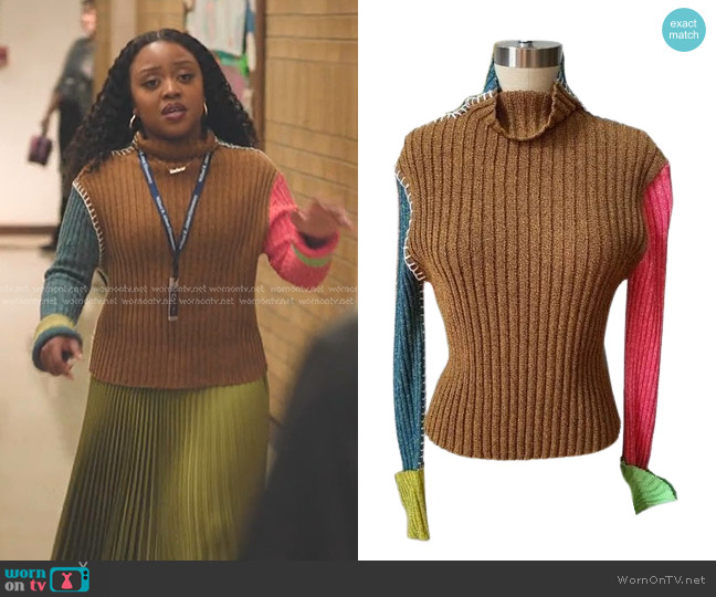 Yanyan Tweedle Colorblock Turtleneck Sweater worn by Janine Teagues (Quinta Brunson) on Abbott Elementary