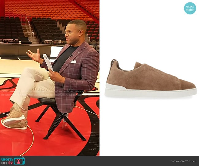 Zegna Triple Stitch Suede Slip-On Sneaker in cocco worn by Craig Melvin on Today