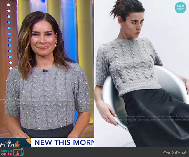 Zara Knit Sweater with Pearls in Light Gray worn by Rebecca Jarvis on Good Morning America