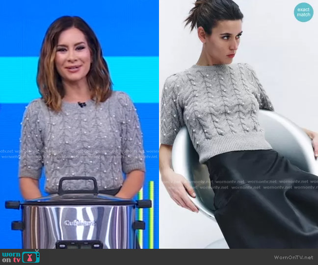 Zara Knit Sweater with Pearls in Light Gray worn by Rebecca Jarvis on Good Morning America