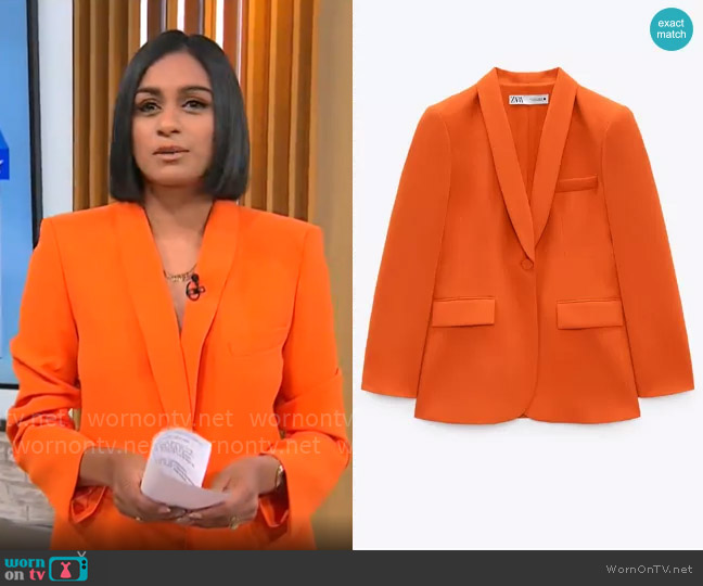 Zara Belted Tuxedo Collar Blazer in Orange worn by Shanelle Kaul on CBS Mornings