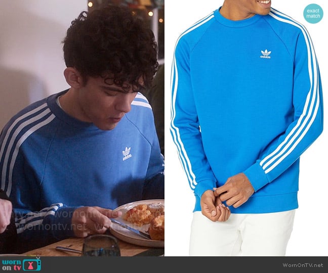 Adidas 3-stripe Crew in Blue Bird worn by Charlie Spring (Joe Locke) on Heartstopper