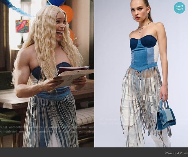 Akira Saddle Up Denim Fringe Strapless Corset Top worn by Nathanial Hardin (Rhoyle Ivy King) on All American Homecoming