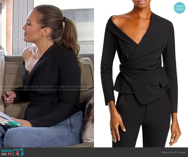 A.L.C. Skyla Asymmetric Wrap Top in Black worn by Emily Orozco on Access Hollywood