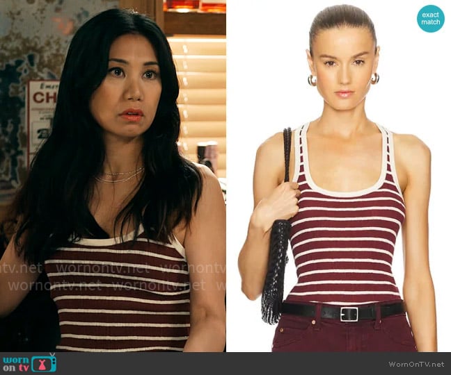 Mel’s burgundy striped tank top on The Equalizer