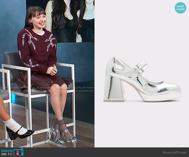 Aldo Manda Heeled Mary Janes in Silver worn by Violet McGraw on Access Hollywood